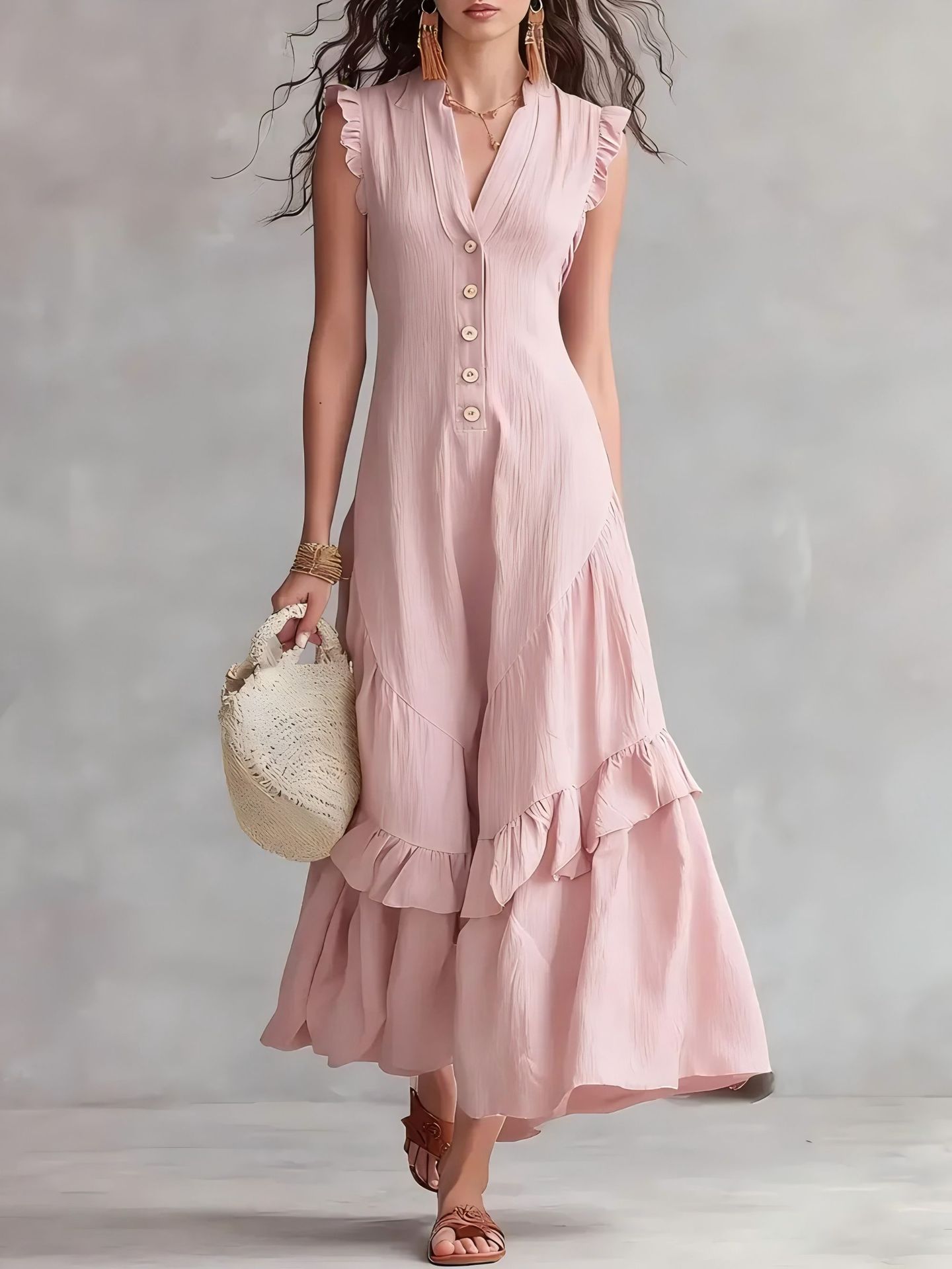 Boho Flowy Sleeveless Maxi Dress V-Neck Button-Front Ruffle Hem A-Line Skirt